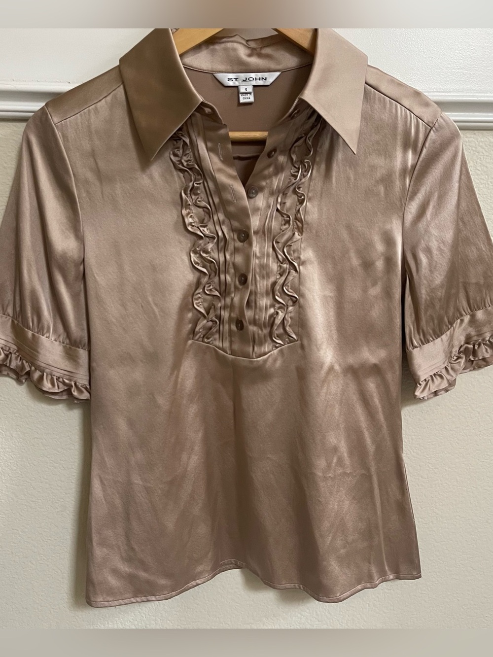 St. John Silk Ruffle Blouse in Taupe